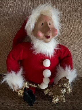 Vintage Roman Stuffed Elf 2001  Figurine Sitting Santa Glitter Garland Folk Art